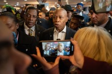 Eric Adams speaks to the media after appearing at Rehoboth Cathedral Monday, Feb. 17, 2025 in Brooklyn. (Barry Williams/ New York Daily News)