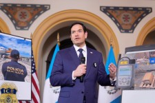 U.S. Secretary of State Marco Rubio speaks after a tour of a migrant return center and a demonstration of a dog trained to sniff out narcotics, at La Aurora International Airport in Guatemala City February 5 2025. Mark Schiefelbein/Pool via REUTERS