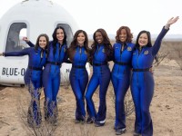 Perry (second from left) was part of the controversial Blue Origin flight. Picture: Supplied