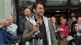 Mohsen Mahdawi speaks outside the courthouse following his release on Wednesday in Burlington, Vermont.  Amanda Swinhart/AP