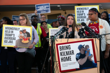 Jennifer Vasquez Sura, the wife of Kilmar Abrego García of Maryland, who was mistakenly deported to El Salvador, speaks during a news conference at CASA's Multicultural Center in Hyattsville, Maryland, on April 4. (Jose Luis Magana/AP)