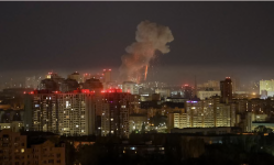 An explosion of a ballistic missile is seen in the sky over the city during a Russian drone strike in Kyiv, Ukraine, 24 April, 2025. Photograph: Gleb Garanich/Reuters