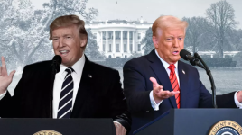 Donald Trump lors de son 1er mandat de président, en 2017 (à gauche), et lors du 2e, en 2025 (à droite). © AFP / Studio graphique FMM