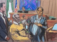 Sean "Diddy" Combs watches as Casandra "Cassie" Ventura leaves for a break in her testimony during Combs' sex trafficking trial in New York City, New York on May 15, 2025 in this courtroom sketch. Jane Rosenberg, REUTERS