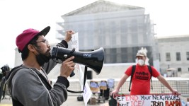 Demonstrators protest for immigrant rights outside the Supreme Court in Washington, DC, on May 15. Matt McClain/The Washington Post/Getty Images