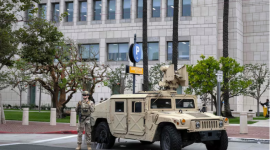 The National Guard arrives to stand watch outside the Ronald Reagan Federal Building and Courthouse in Santa Ana, Calif., on Tuesday. (Mindy Schauer/The Orange County Register/The Associated Press)