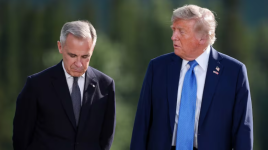 Prime Minister Mark Carney, left, listens to U.S. President Donald Trump while posing for a photograph during the G7 summit in Kananaskis, Alta., on June 16. (Darryl Dyck/The Canadian Press)