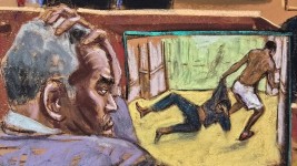 In this courtroom sketch, Sean (Diddy) Combs is shown watching surveillance footage of an altercation at the InterContinental Hotel in 2016, during his sex trafficking trial in New York on June 4. (Jane Rosenberg/Reuters)