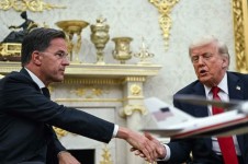 US President Donald Trump shakes hands with NATO Secretary General Mark Rutte (L) as they meet in the Oval Office of the White House in Washington, DC on July 14, 2025. (Photo by ANDREW CABALLERO-REYNOLDS / AFP)