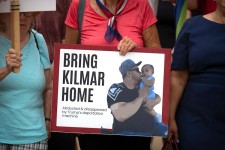 Supporters of Kilmar Abrego Garcia rally outside of the U.S. District Court in Greenbelt, Md., where a hearing was scheduled to be held on returning him to Maryland, July 7, 2025. Mark Schiefelbein/AP