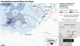 Inondations meurtrières au Texas. SOURCES : “THE NEW YORK TIMES”, “THE WALL STREET JOURNAL”, “THE WASHINGTON POST”, OAA.