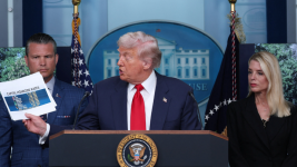 President Donald Trump speaks to the press at the White House, in Washington. (Reuters)