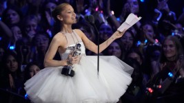 Ariana Grande accepts the award for video of the year for Brighter Days Ahead at the MTV Video Music Awards on Sept. 7, 2025, at UBS Arena in Elmont, N.Y. (Charles Sykes/Invision/Associated Press)