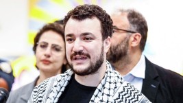 Former Columbia Univrsity student Mahmoud Khalil speaks to the press as he arrives at Newark airport in Newark, New Jersey, on June 21, 2025.  (KENA BETANCUR/AFP via Getty Images)