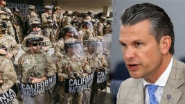 In this composite image, California National Guardsmen are on patrol in Los Angeles in June 2025, while Secretary of Defense Pete Hegseth speaks on July 1, 2025. (Getty Images)