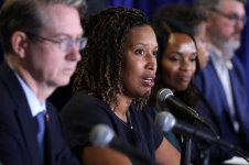 Flanked by city officials, Washington DC’s mayor, Muriel Bowser, speaks during a news conference last month. Photograph: Alex Wong/Getty Images