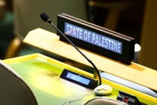 The "State of Palestine" seat, at the United Nations headquarters in New York, on September 26, 2025. CHARLY TRIBALLEAU / AFP