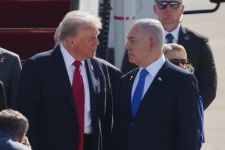 President Donald Trump, center, talks with Israel's Prime Minister Benjamin Netanyahu as he arrives at Ben Gurion Airport near Tel Aviv. Copyright 2025 The Associated Press. All rights reserved.