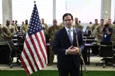 US Secretary of State Marco Rubio speaks to the media after visiting the Civil-Military Coordination Center in Southern Israel on October 24, 2025. FADEL SENNA / AP