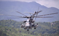 A U.S. Marine Corps Sikorsky CH-53K King Stallion helicopter on Sept. 12 at José Aponte de la Torre Airport, in Ceiba, Puerto Rico. (Miguel J. Rodriguez Carrillo/Getty Images)