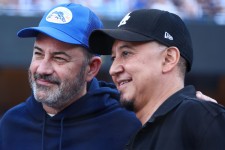 Jimmy Kimmel and Cleto Escobedo III at Dodger Stadium on October 25, 2024. Maddie Meyer/Getty Images