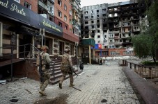 Ukrainian police officers check an area for residents in the frontline town of Pokrovsk in Donetsk region, Ukraine, on May 21, 2025. Anatolii Stepanov/Reuters