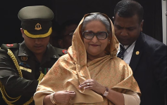 Former Bangladesh Prime Minister Sheikh Hasina (C) has been sentenced to death. (Photo by Money SHARMA / AFP)