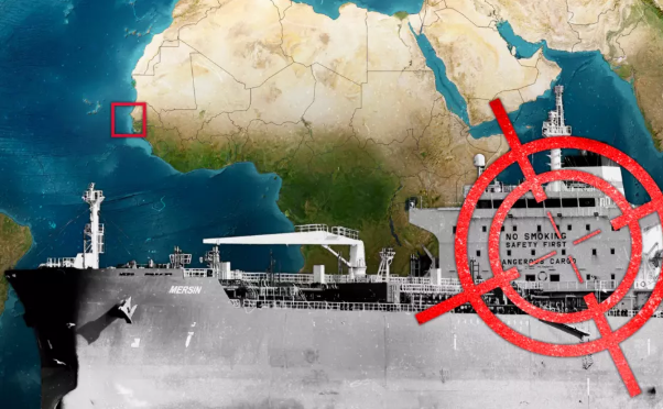 Le cargo Mersin, lié aux intérêts russe, a été endommagé par plusieurs explosions au large du Sénégal. © Studio graphique France Médias Monde