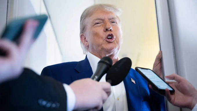 U.S. President Donald Trump speaks to reporters about the Israel-Iran conflict, aboard Air Force One on June 24, 2025, while traveling to attend the NATO summit in The Hague in the Netherlands. Brendan Smialowski | Afp | Getty Images