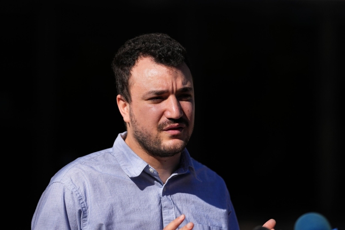 Palestinian activist Mahmoud Khalil held a news conference outside Federal Court in Philadelphia last October.  Matt Rourke/AP