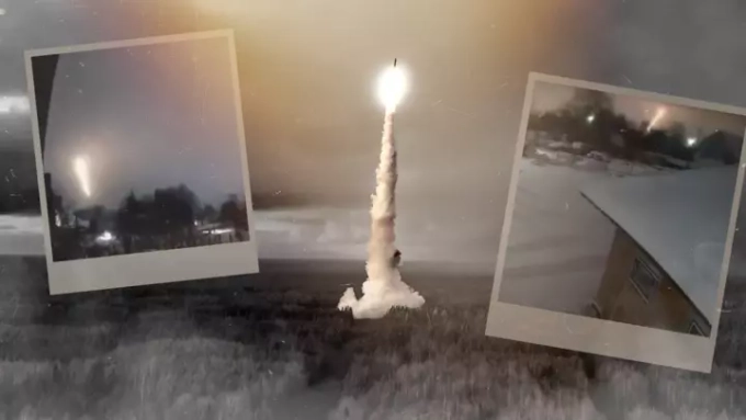 Des images amateurs ayant capté ce qui semble être un tir de missile Orechnik près de la ville de Lviv avec un fond le tir d'un missile balistique russe non-identifié. © Studio graphique France Médias Monde