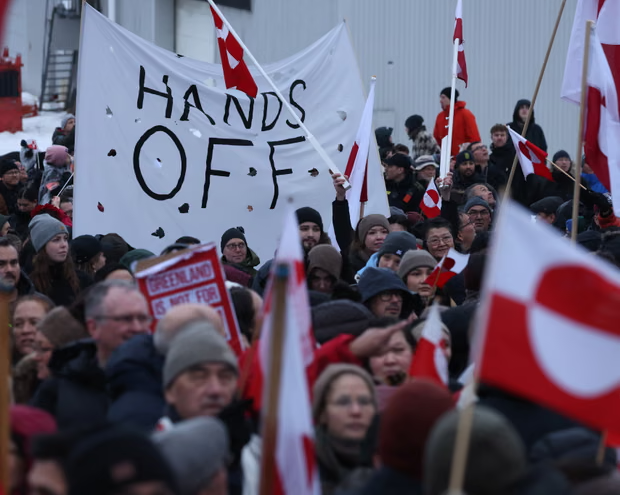 View image in fullscreen People march to protest against Donald Trump and his announced intent to acquire Greenland, on 17 January 2026 in Nuuk, Greenland. Photograph: Sean Gallup/Getty Images