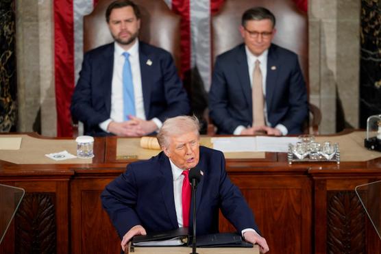 Donald Trump lors de son discours sur l’état de l’Union au Capitole, à Washington, le 24 février 2026. NATHAN HOWARD/REUTERS
