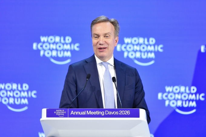 Borge Brende, president of the World Economic Forum WEF, delivers closing remarks at the WEF Annual Meeting 2026 in Davos, Switzerland. Xinhua News Agency via Getty Images