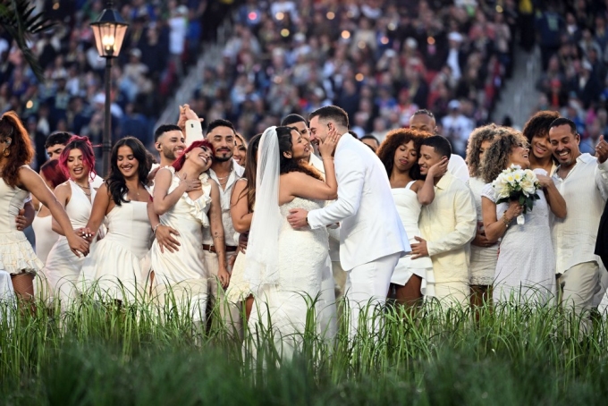 A wedding actually happened during Bad Bunny's performance Sunday at the Super Bowl in Santa Clara, Calif.Josh Edelson / AFP via Getty Images