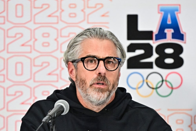 Former LA28 Chairman and President Casey Wasserman at a news conference with the International Olympic Committee Coordination Commission in Los Angeles in June.Frederic J. Brown / AFP via Getty Images file