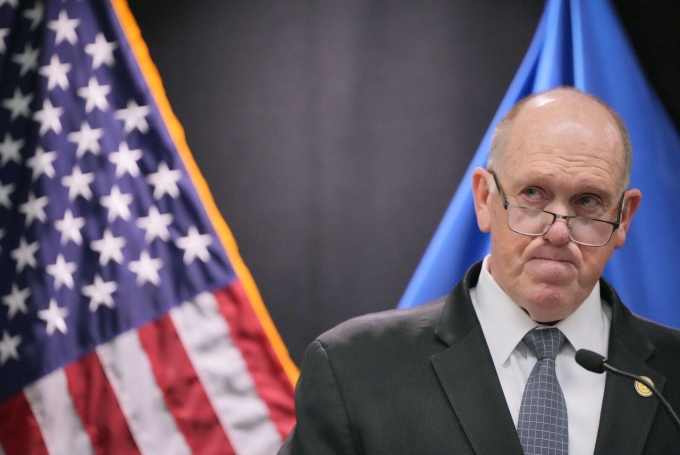 White House border czar Tom Homan holds a news conference at the Bishop Whipple Federal building on Thursday. Leila Navidi/Star Tribune/AP