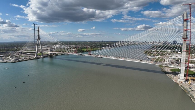 The Gordie Howe Bridge between Windsor, Ont., and Detroit, seen here on May 10, 2024, is expected to open sometime this year after almost a decade of construction. (Patrick Morrell/CBC)