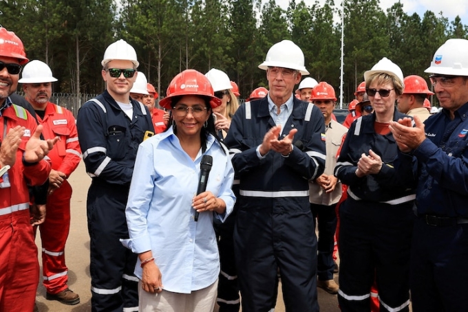 Venezuela's interim President Delcy Rodriguez and U.S. Energy Secretary Chris Wright visit oil production facilities in the Orinoco Oil Belt in Maturin, Monagas state, Venezuela, on Feb. 12, 2026. Miraflores Palace/via Reuters