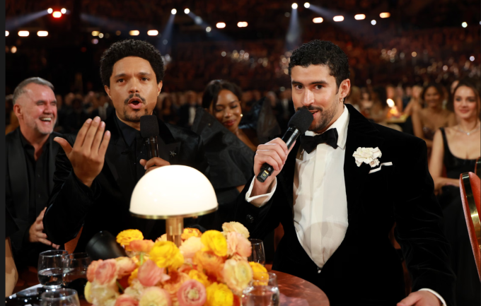 Trevor Noah and Bad Bunny. Photograph: Kevin Mazur/Getty Images for The Recording Academy
