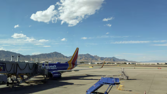 A Southwest jet sits at a gate awaiting passengers at the airport in El Paso, Texas, on Oct. 11, 2021. The airport ​handled over 3.5 million passengers last year. (Mike Blake/Reuters)