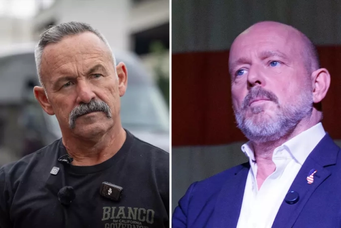 Two Republican candidates — Riverside County Sheriff Chad Bianco, left, and conservative commentator Steve Hilton, right — lead in a new poll on the California governor’s race.   (Jason Armond, Gina Ferazzi / Los Angeles Times)