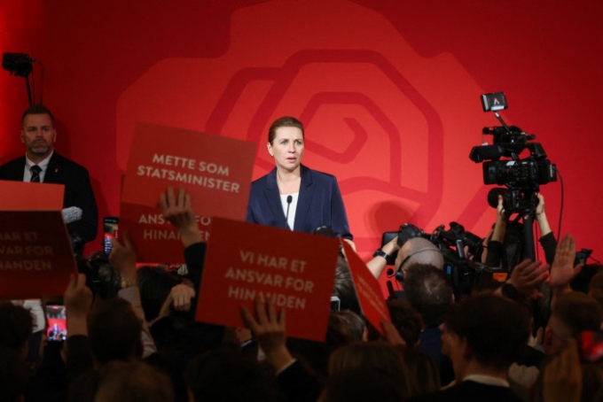 Mette Frederiksen addresses an election party in Copenhagen, Denmark, following exit polls. Leonhard Foeger/Reuters