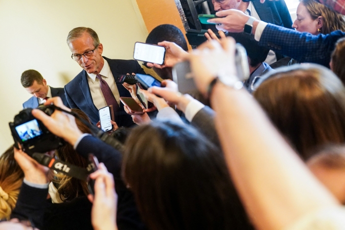 U.S. Senate Majority Leader John Thune speaks to the media at the U.S. Capitol in Washington, D.C., on March 26, 2026. Nathan Howard/Reuters