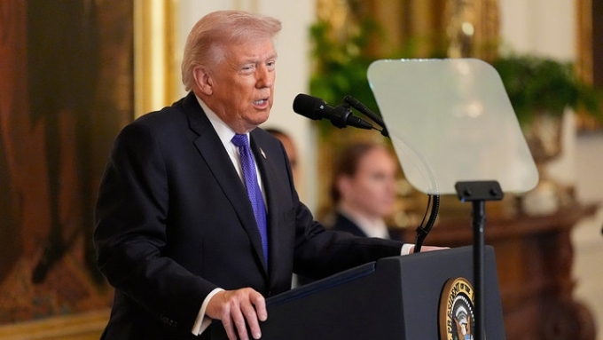 President Donald Trump speaking before participating in a Medal of Honor ceremony in the East Room of the White House, Monday, March 2, 2026, in Washington. (AP Photo/Mark Schiefelbein)