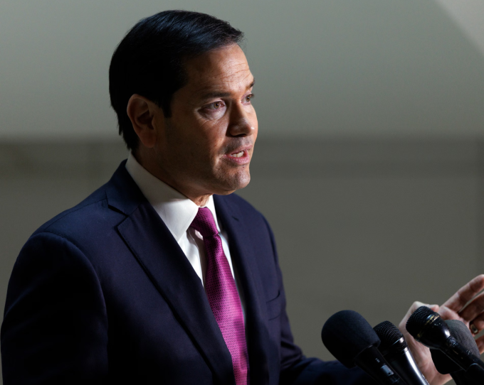 Marco Rubio speaks to the press after the classified briefing on Monday. Photograph: Will Oliver/EPA