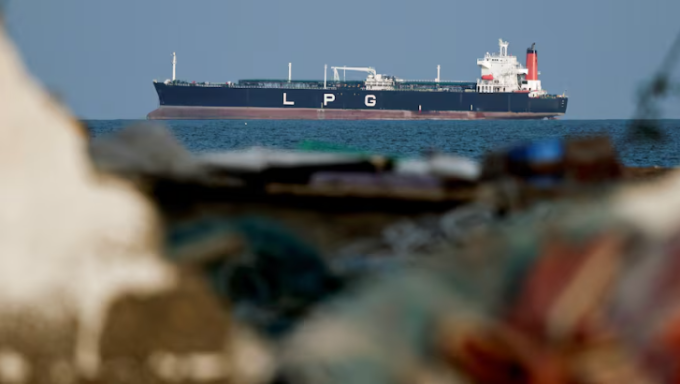 An LPG gas tanker at anchor as traffic is down in the Strait of Hormuz, amid the U.S.-Israeli conflict with Iran, in Shinas, Oman, on Wednesday. (Benoit Tessier/Reuters)