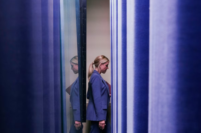 Attorney General Pam Bondi leaving after the end of President Donald Trump's remarks to reporters in the James Brady Press Briefing Room at the White House, Febuary 20, 2026, in Washington. Alex Brandon/AP/File