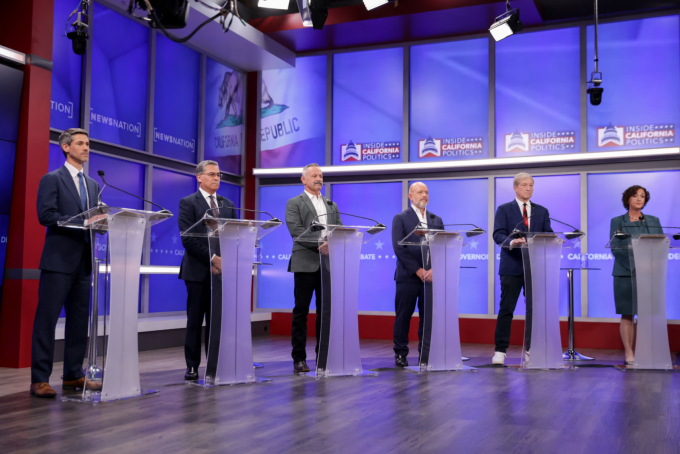 The six leading candidates for California governor in the first major televised debate, ahead of the 2 June primary elections. Photograph: Jason Henry/AFP/Getty Images