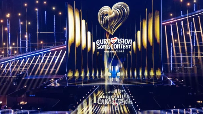 Un spectacle de lumières lors de l'inauguration officielle de la scène de la Wiener Stadthalle, avant le 70e édition de l'Eurovision, à Vienne, le 28 avril 2026. © Joe Klamath, AFP